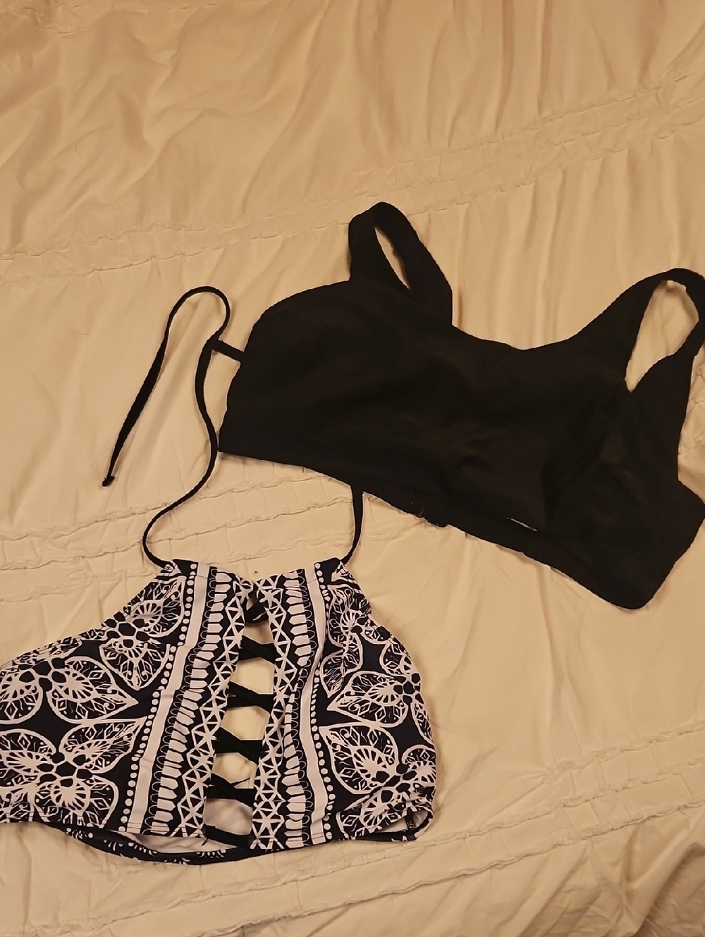 Black Bikini Top and Navy Patterned Halter Bikini Top Set